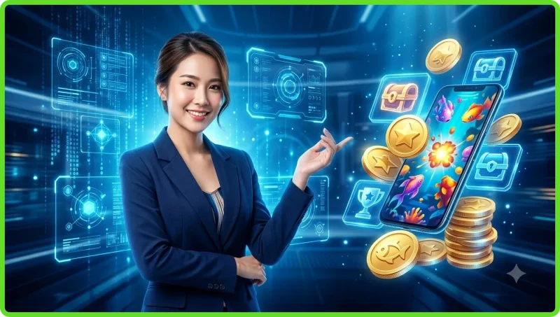 Cảnh game Bắn cá Thủy Hử với cảu cá huyền thoại giữa đền cổ phía dưới nước