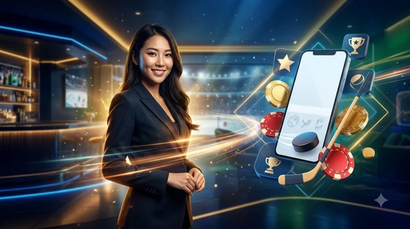 Cinematic illustration of mobile sports betting platform showing live hockey odds, betting interface, and premium digital experience with modern lighting
