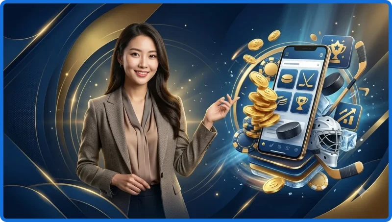 Cinematic illustration of mobile sports betting platform showing live hockey odds, betting interface, and premium digital experience with modern lighting