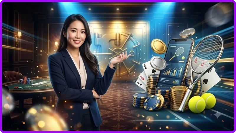 Cinematic illustration of tennis betting experience at XX88 with elegant woman, premium interface elements and dynamic lighting