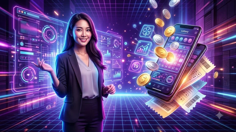 Illustration of lottery concept with lottery balls, tickets, and digital elements representing Lô đề miền Trung