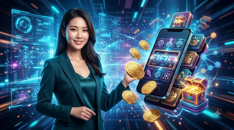 Nổ hũ Thần Tài concept visualization - Golden deity symbol with gaming tokens and futuristic holographic financial interface in premium lighting