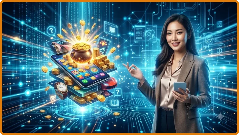 Nổ hũ Thần Tài concept visualization - Golden deity symbol with gaming tokens and futuristic holographic financial interface in premium lighting