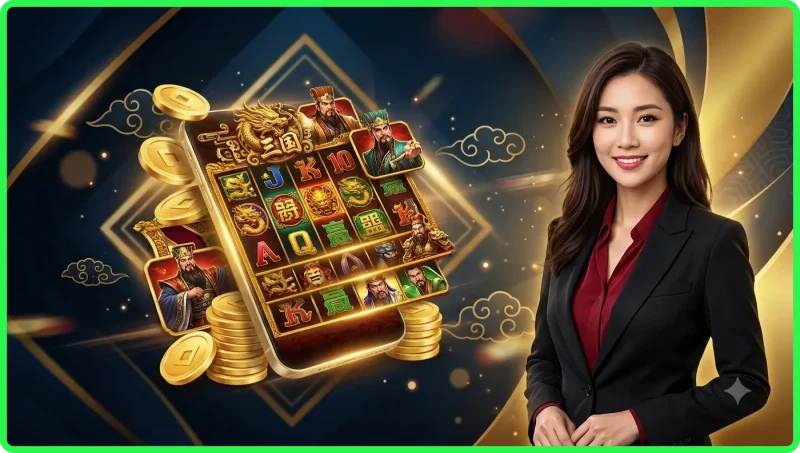 Thiết kế giao diện game Nổ hũ Tam Quốc XX88 với phong cách cinematic premium, ký hiệu lịch sử Tam Quốc và hiệu ứng ánh sáng neon